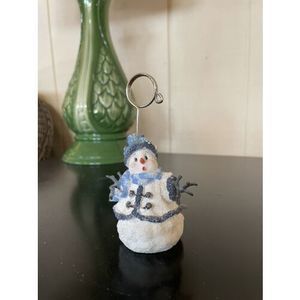 Blue White 4 3/4" Snowman Figurine Paper Clip Card Holder Recipe Holder